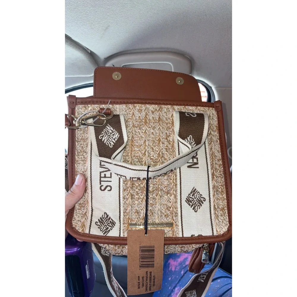 Steve Madden BWEBER-S Straw Satchel Natural Cognac Logo Crossbody Bag DT518162